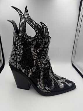 Black Rhinestone Flame Western Booties Chunky Heel Size 36 Brand New With Box